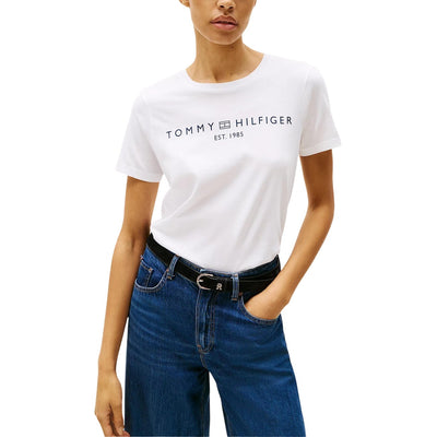 Tommy Hilfiger T-Shirt Donna Blu con Stampa Maniche Corte - T-Shirt Cotone Organico Scollo Tondo