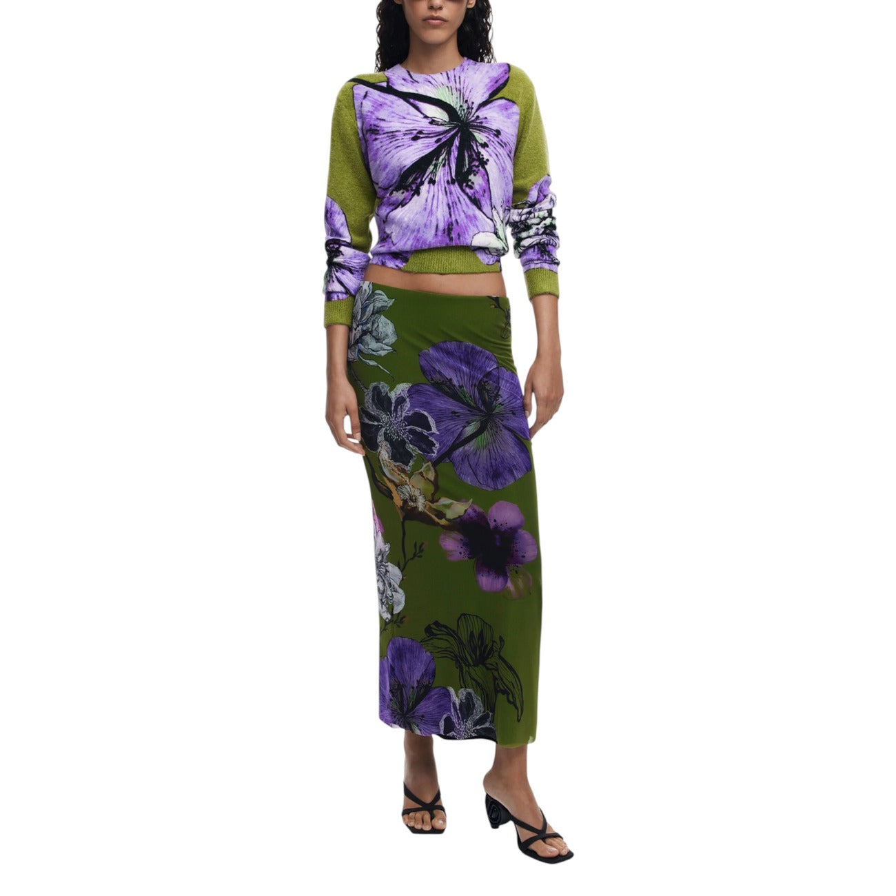 Desigual Gonna Donna Verde con Fantasia Floreale Cerniera - Gonna Poliestere Elastan