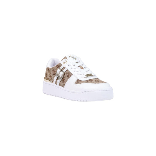 Sneakers Guess Maggnet2 beige donna FLFMA2 FAL12. Scarpe sportive da donna beige con motivo logo all-over Guess, inserti in similpelle, dettagli metallici luccicanti, suola alta dentellata platform 4 cm e interno traspirante in tessuto, sneakers casual 4 stagioni.