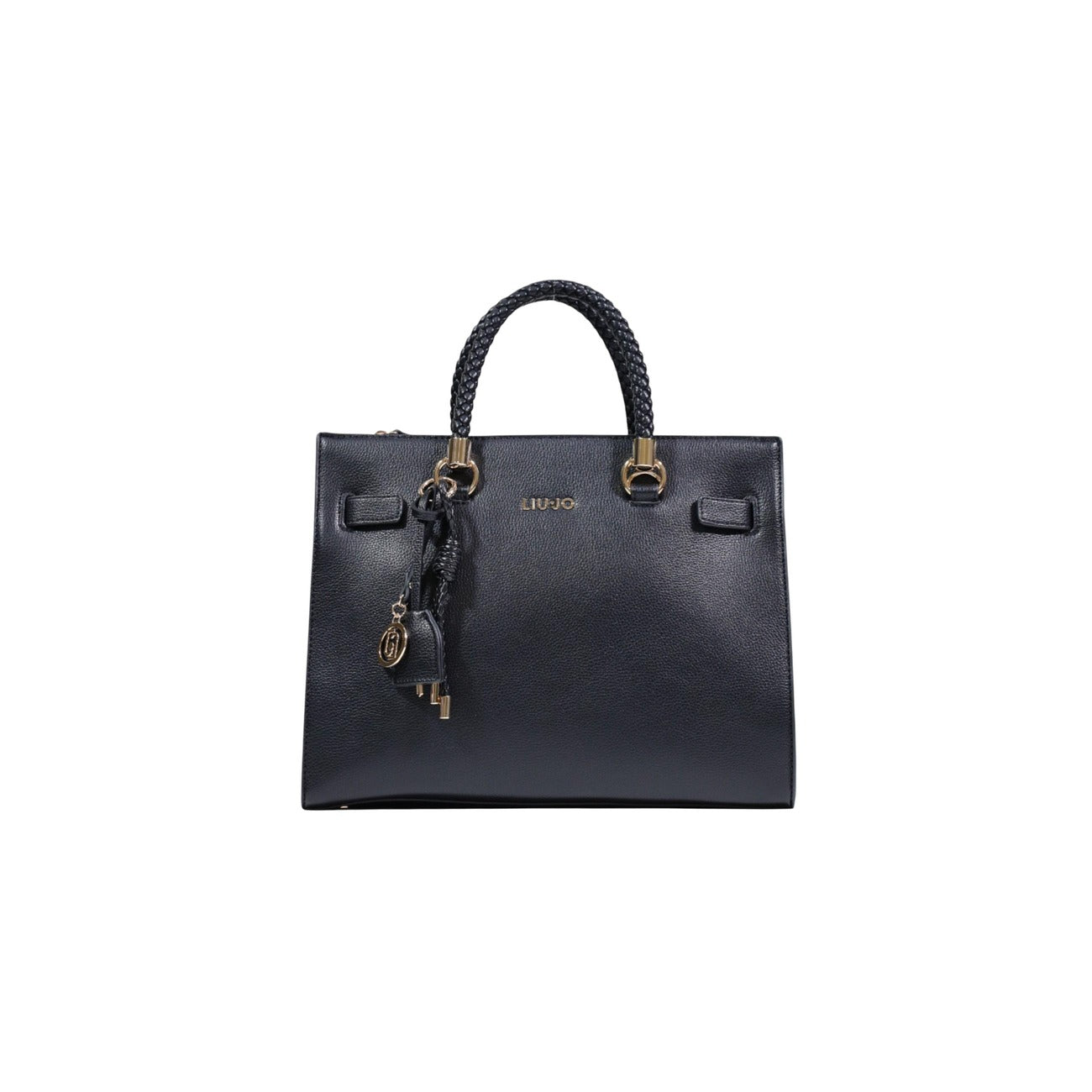 Borsa Satchel Liu Jo Better; effetto bottalato nero. Tre scomparti (zip e magnetico), manici intrecciati, tracolla removibile. Borsa donna media, versatile e sostenibile. Vista frontale 