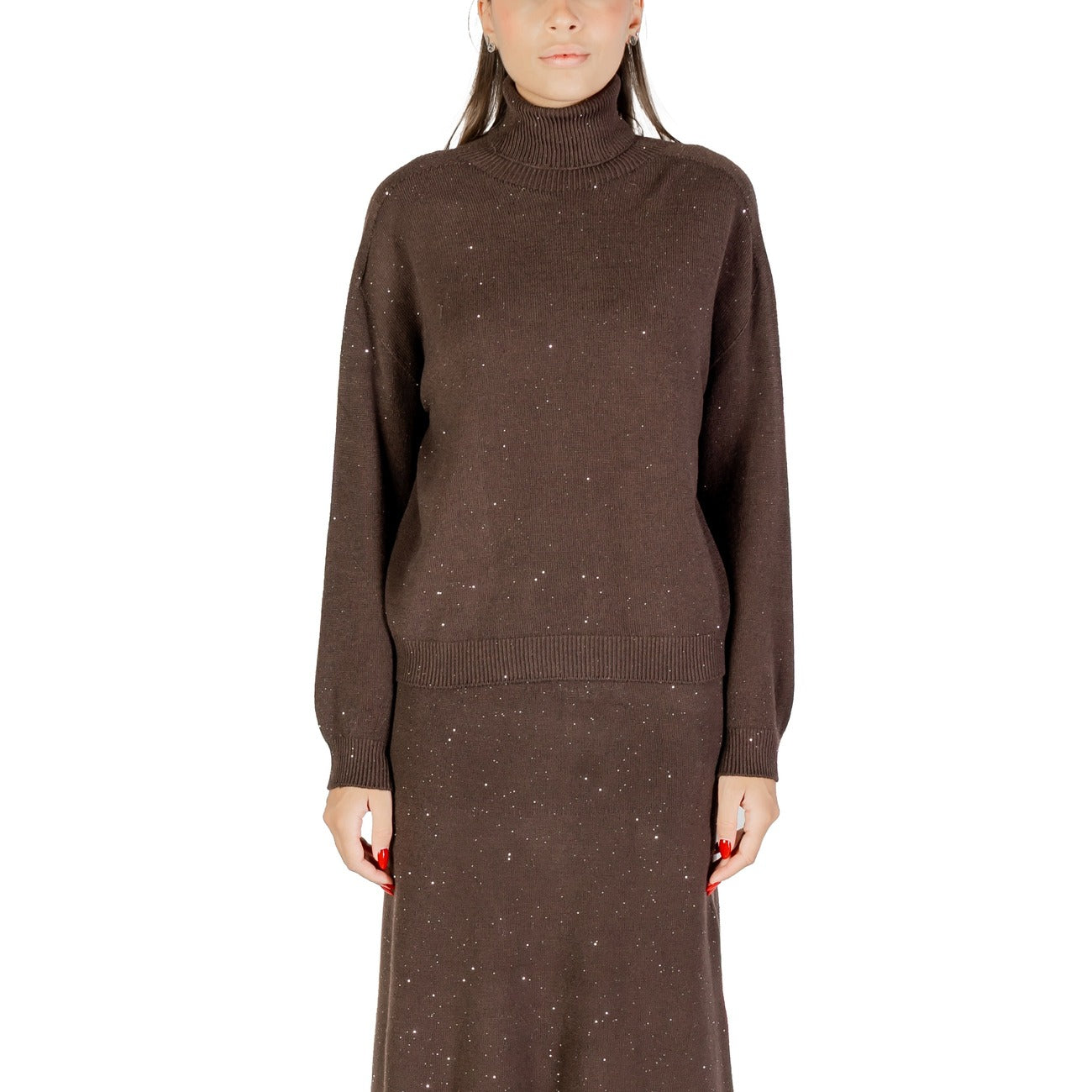 Liu Jo Maglia Donna Marrone a Pois Maniche Lunghe Scollo Alto - Maglia Viscosa Poliestere Poliammide