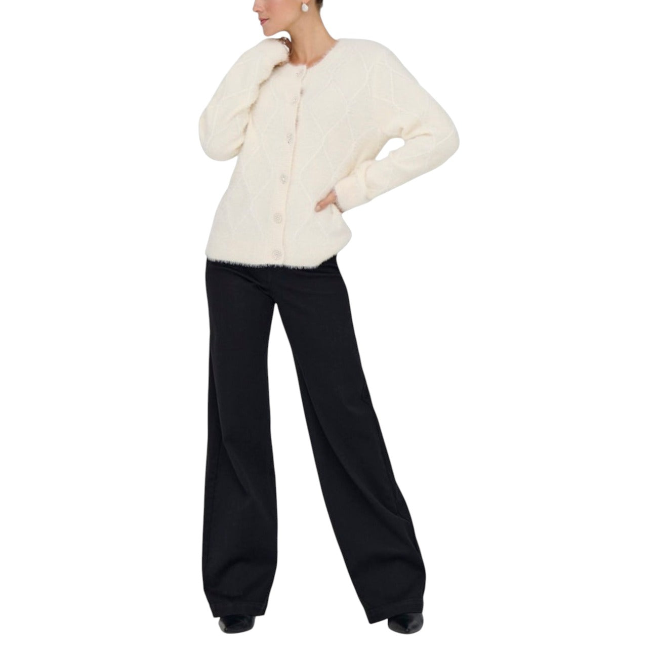 Jacqueline De Yong Cardigan Donna Bianco con Bottoni Maniche Lunghe Scollo Tondo - Cardigan Nylon Poliestere Viscosa