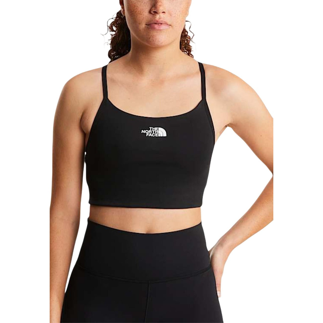 Top The North Face donna nero sportivo con logo senza maniche scollo rotondo 79% poliammide 21% elastan - vista frontale indossato da modello
