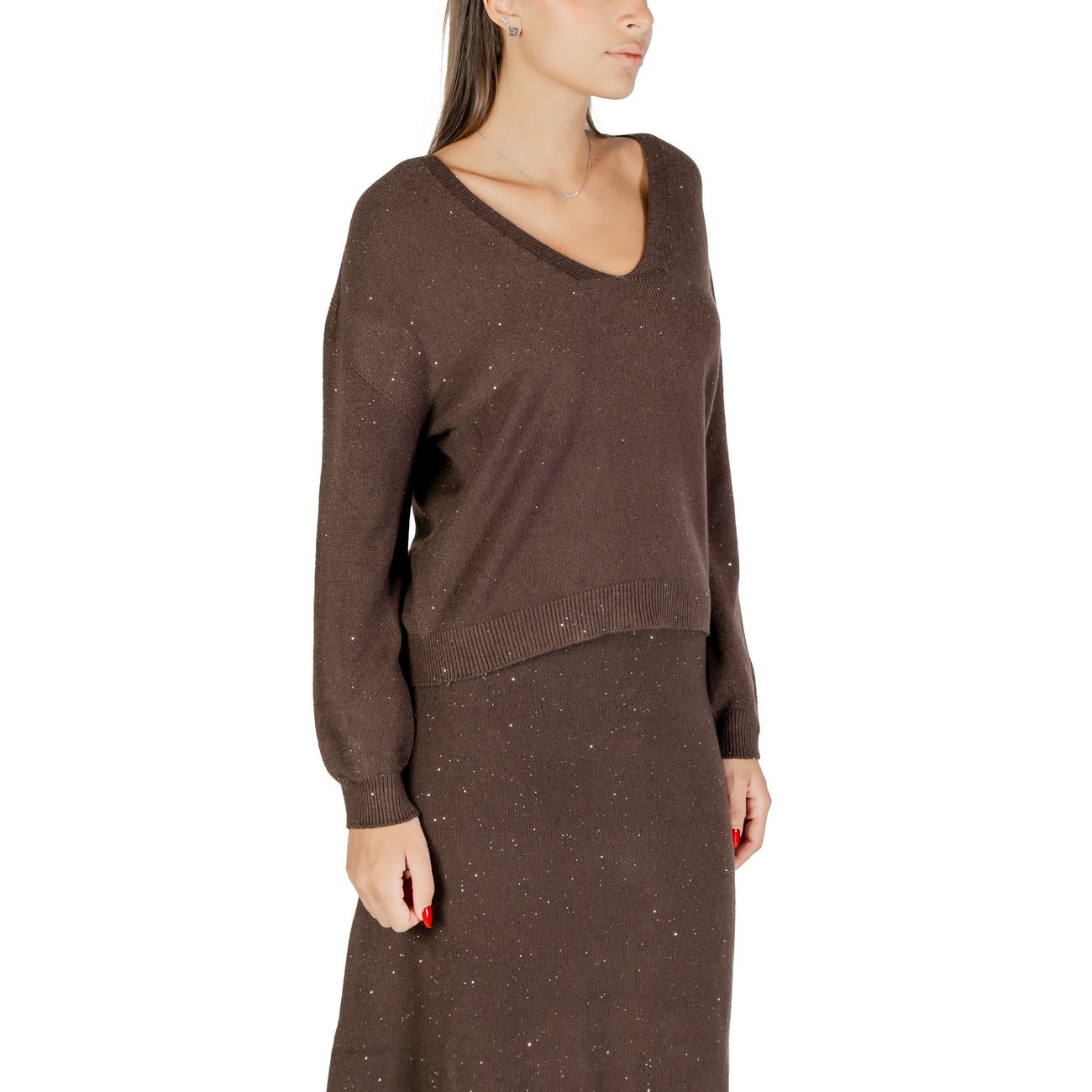 Liu Jo Maglia Donna Marrone con Strass Maniche Lunghe Scollo a V - Maglia Viscosa Poliestere Poliammide