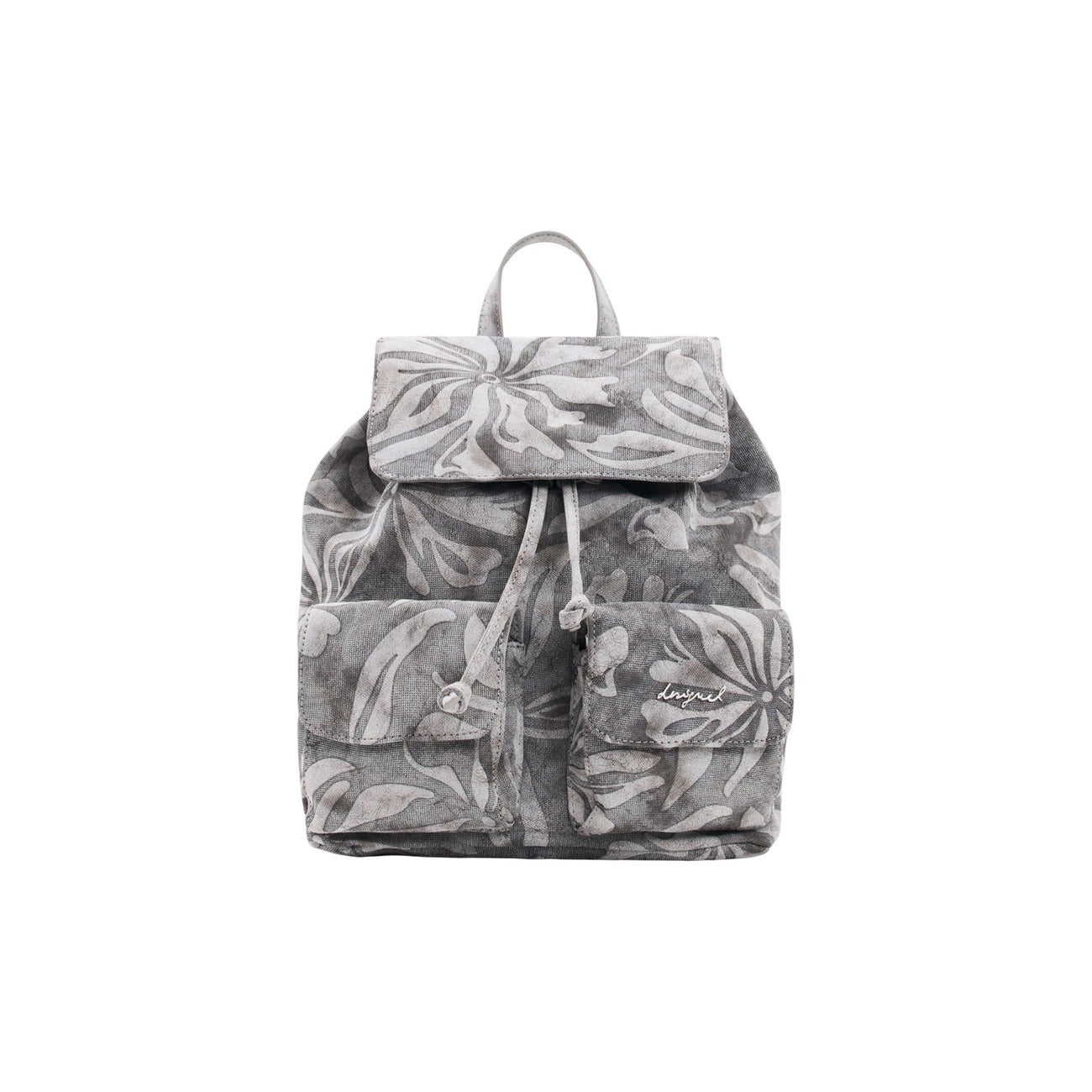 Zainetto Effetto Denim Floreale PE26; coulisse, manico arricciato rimovibile, scomparto zip, materiali sostenibili. Il tocco artistico per il tuo outfit. Vista frontale 