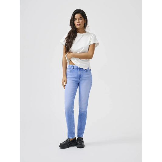 Jeans straight fit vita alta caviglia blu luminoso donna Only 15365466. Jeans dritti slavato brillante tessuto elasticizzato autunno inverno.