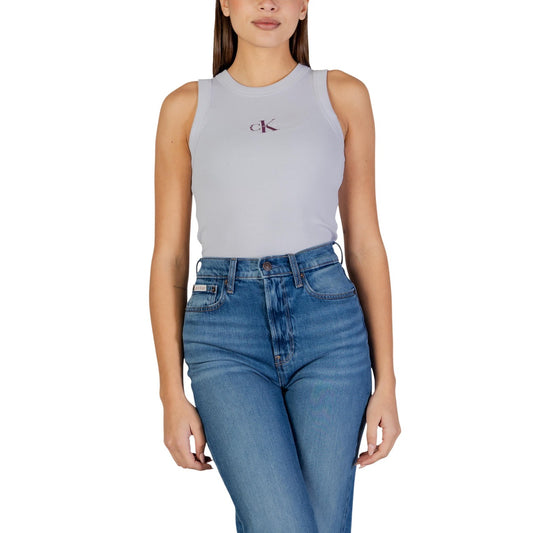 Canotta Calvin Klein Jeans Viola; 95% Cotone, 5% Elastam. Logo ricamato, scollo tondo, tessuto stretch leggero. Capo donna essenziale, casual e iconico. Vista frontale 