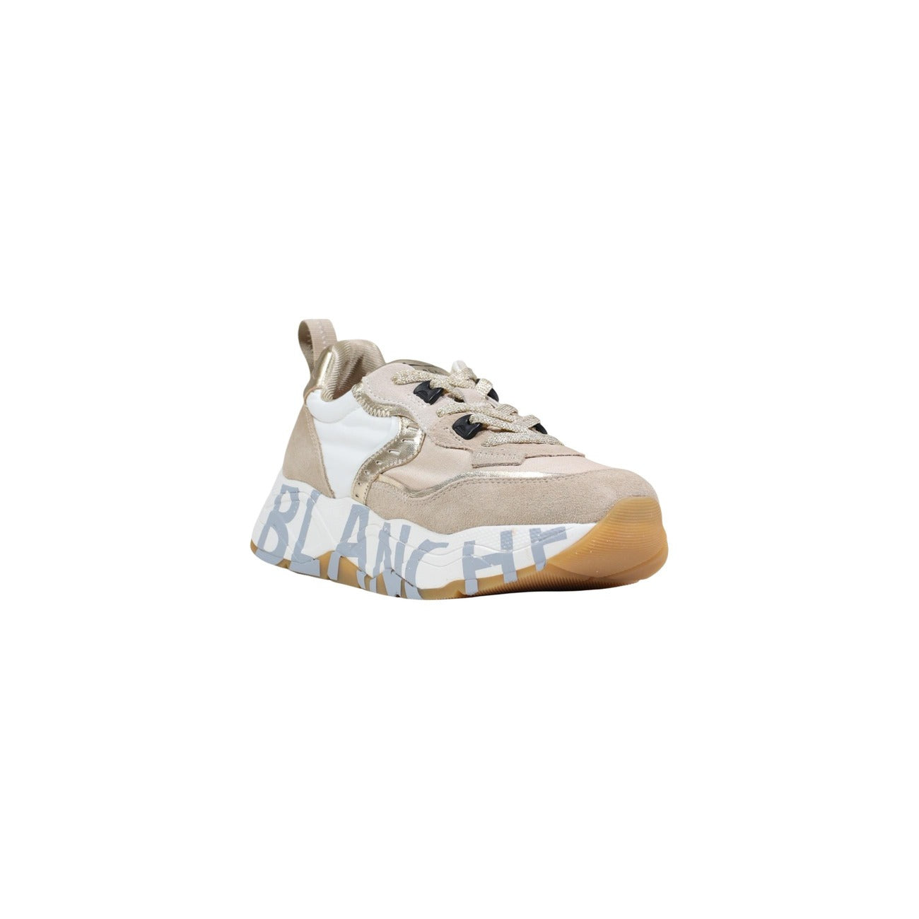 Voile Blanche CLUB105; sneakers chunky in suede e nylon con suola grafica e dettagli metallizzati. Stile distintivo, comfort superiore e materiali di alta qualità.  beige e bianche con scritta azzurra. Vista frontale 