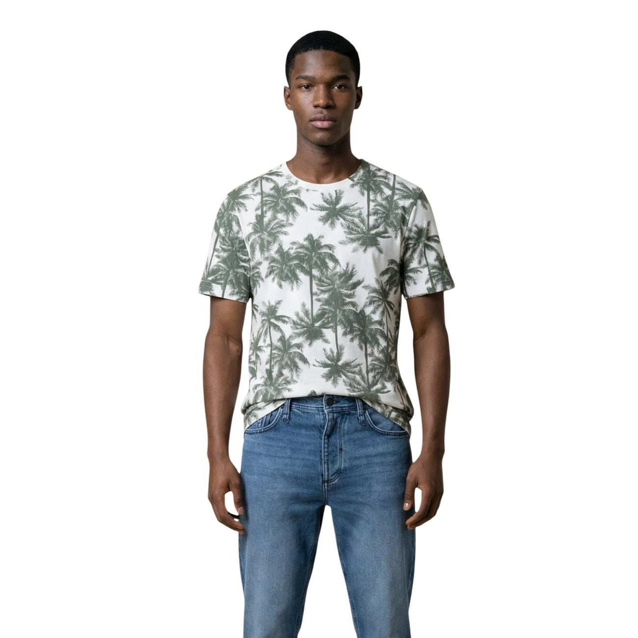 T-shirt Antony Morato uomo verde con stampa floreale maniche corte - vista frontale dettaglio indossata da modello