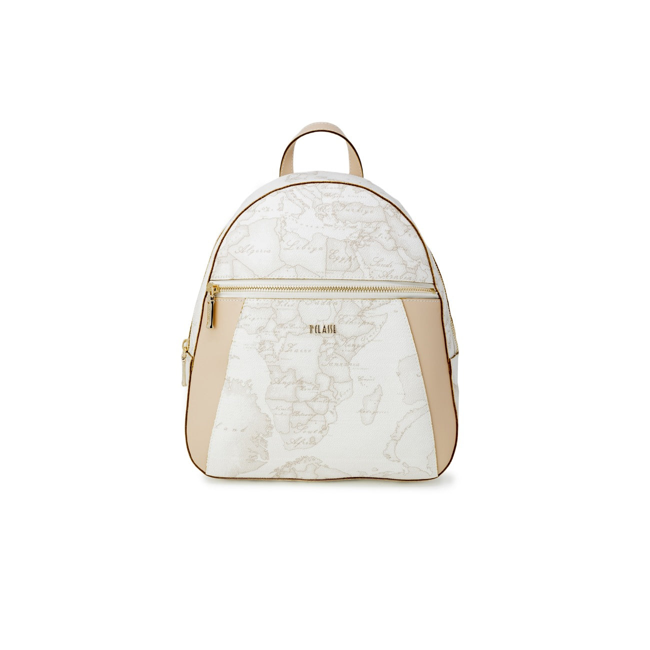 Zaino Medio Donna Alviero Martini Prima Classe; Bianco Geo White. Tessuto tecnico e 30% pregiata pelle stampata con dettagli metallici lucidi. Chiusura con zip, tasca frontale e spallacci regolabili. Misure slanciate e capienti (25x29 cm). Vista frontale 