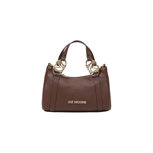 Borsa Love Moschino donna marrone a mano modello JC4015PP1. Borsetta piccola bauletto in ecopelle martellata marrone cuoio con dettagli oro a cuore sui manici e zip stile casual chic, romantico, elegante e da giorno.