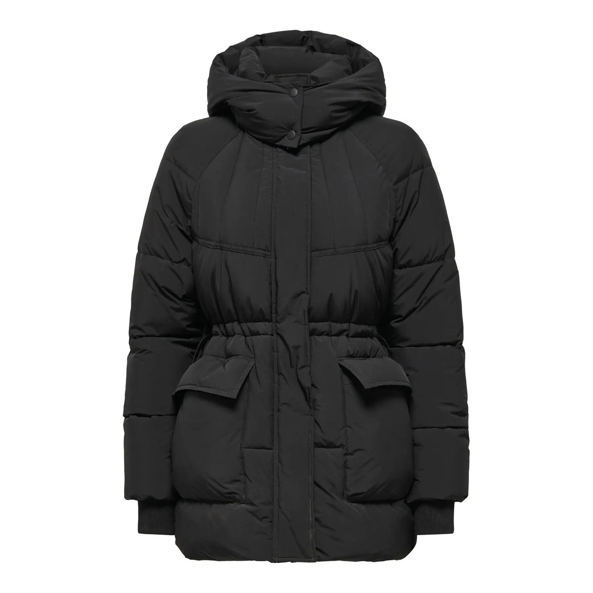Piumino nero donna Only – Giacca invernale con cappuccio e vita regolabile 15366707.