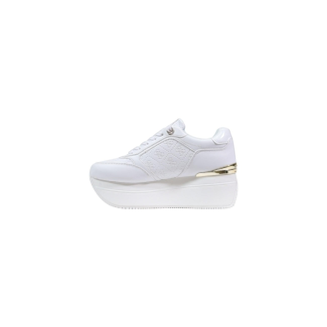 Guess Camrio Sneakers Plateau; bianche, applicazioni in pietre, materiale sintetico premium. Comfort e stile rialzato per un look urban-chic.