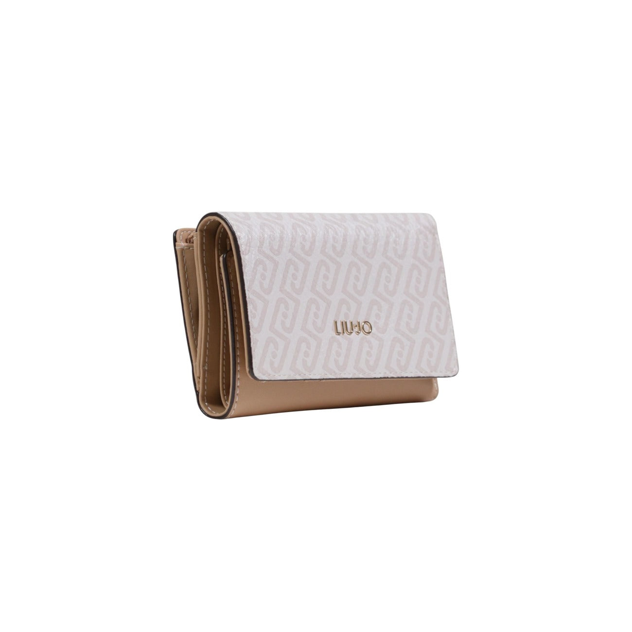 Liu Jo Trifold Wallet AA6172; stampa monogram, chiusura sicura, scomparti per banconote e carte. Stile iconico e massima capienza. Bianco e rosa. Vista frontale Laterale