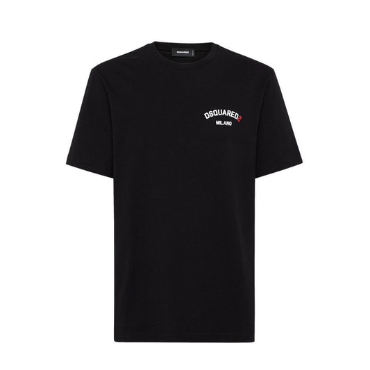 t-shirt girocollo nera è realizzata in jersey di cotone e si caratterizza per la stampa gommata Dsquared2 Milano sul petto.