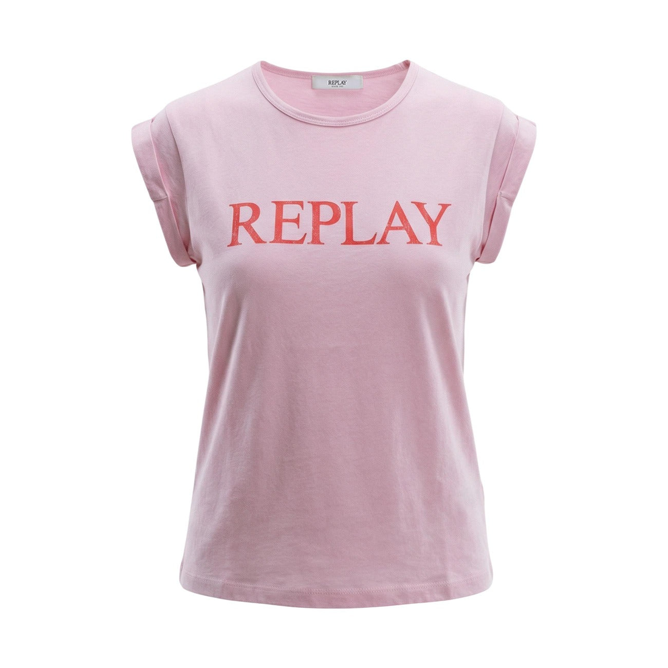 T-shirt Replay Rosa; 100% Cotone. Vestibilità slim, maniche corte, girocollo. Logo stampato, tessuto leggero ideale per la stagione calda. Stile urban-casual. Vista stesa 