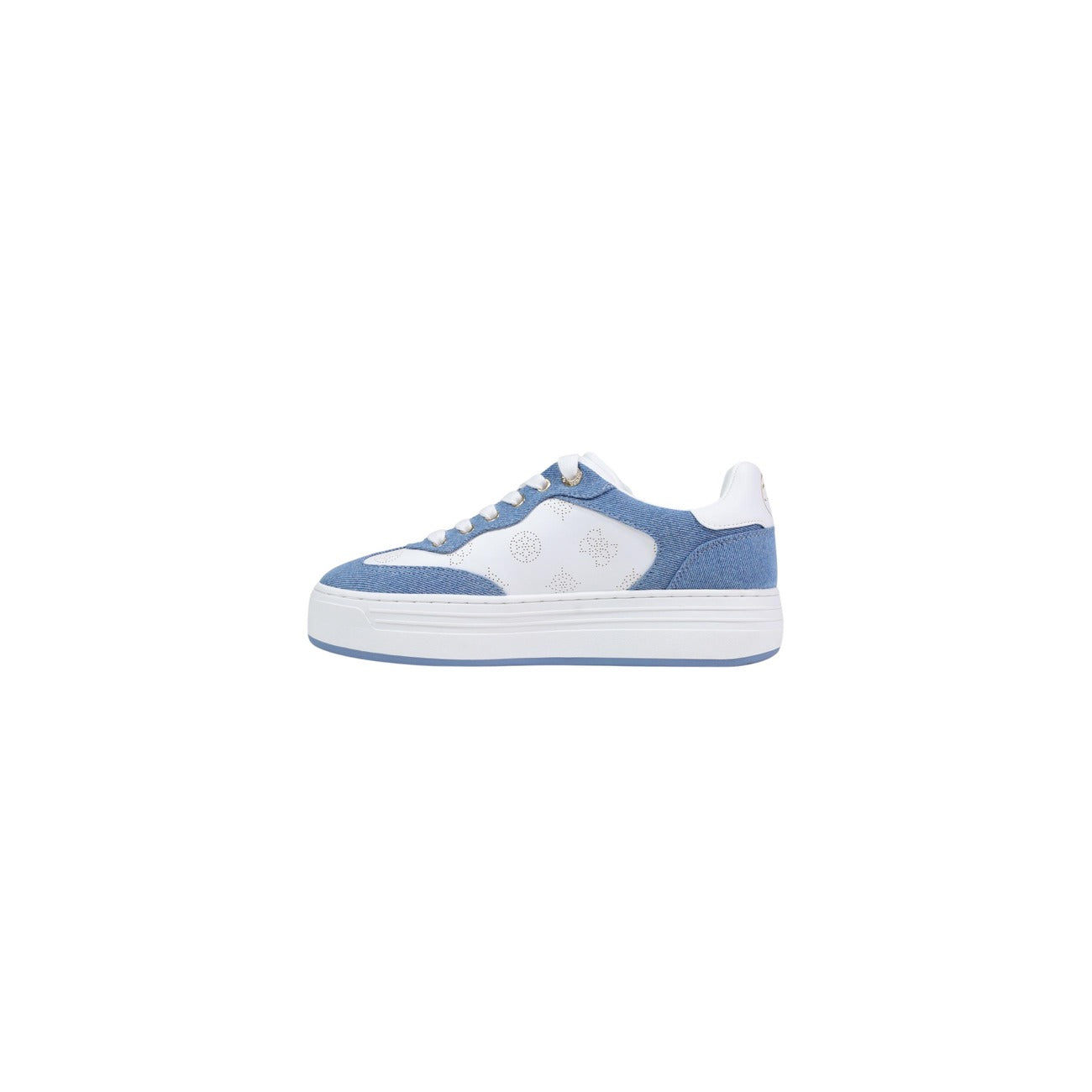 Sneakers Guess SWOLE4 Denim; 53% Poliestere, 47% Poliuretano. Effetto denim blu, logo ricamato, tacco 3 cm. Sneakers donna bicolore stabili e leggere, stagione 4 stagioni.