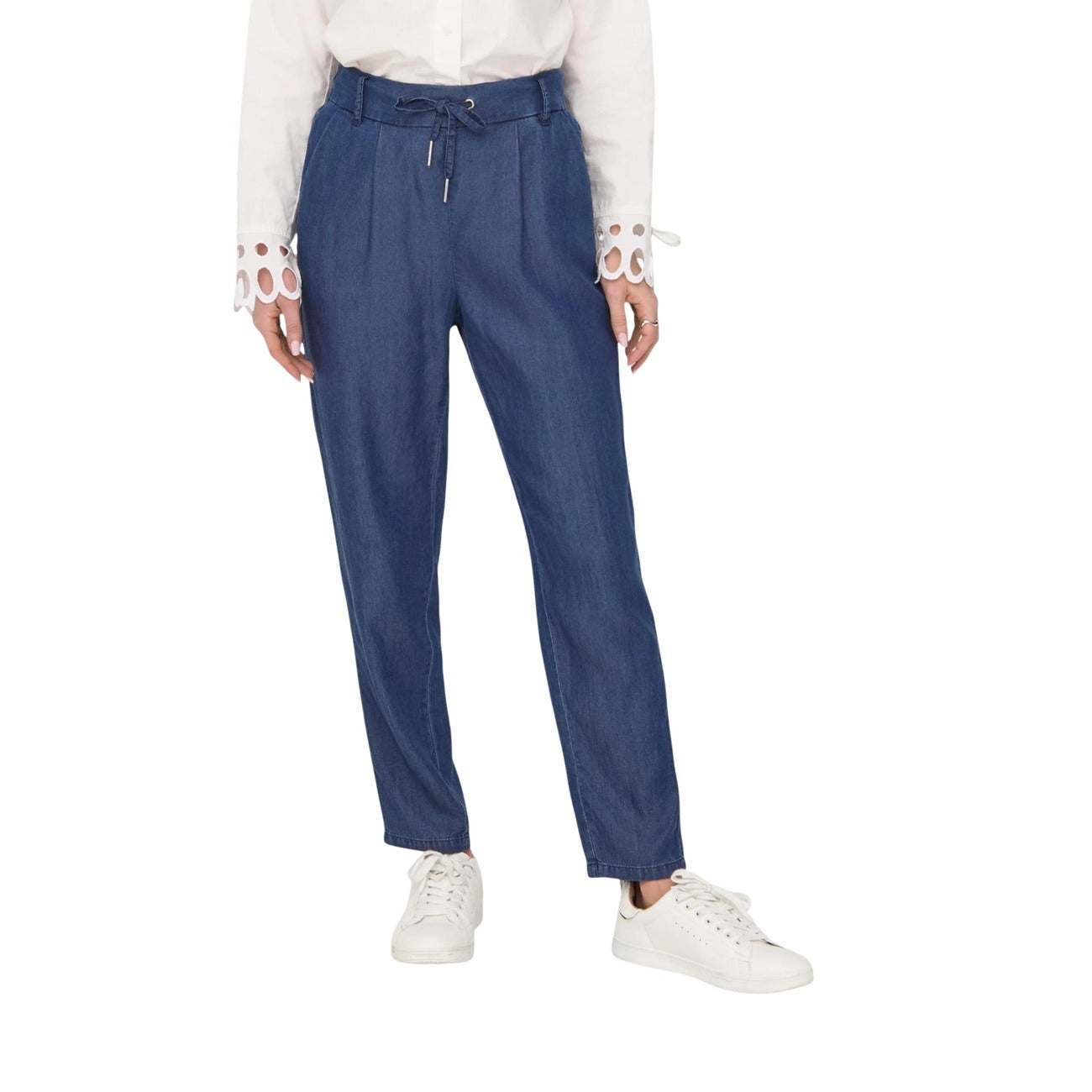 Only Pantaloni Donna Azzurro Lacci Tasche Anteriori e Posteriori 100% Lyocell Primavera/Estate 15342874