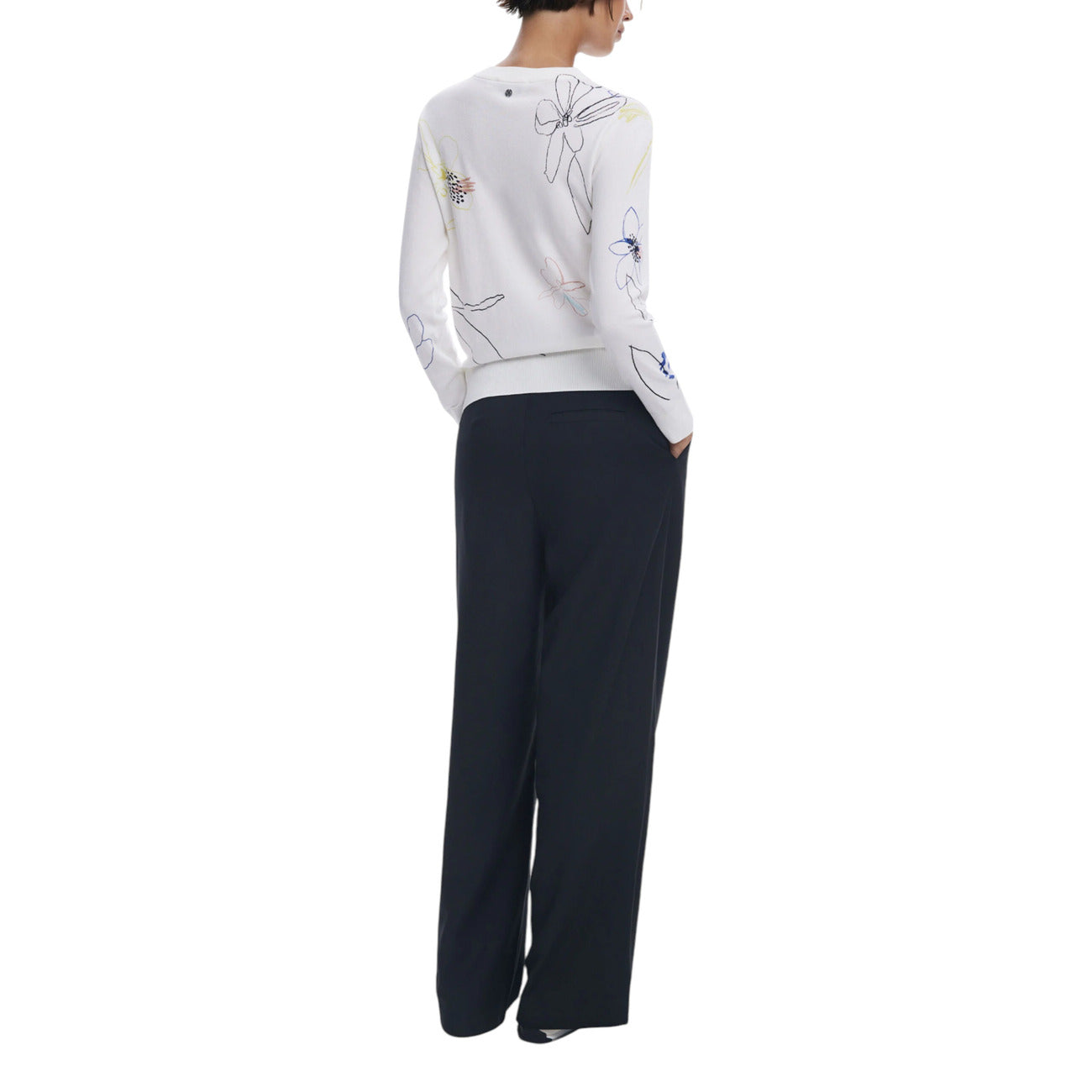 Desigual Maglia Donna Bianca Floreale Maniche Lunghe Scollo Tondo - Maglia Viscosa Poliammide