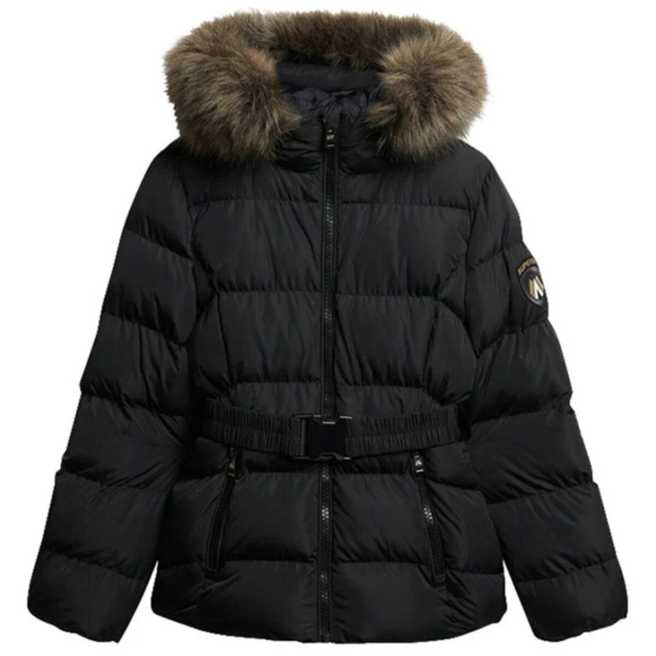 Superdry Fuji Belted Jacket; vestibilità aderente, cintura in vita, eco-pelliccia rimovibile. Calore e stile sofisticato in un unico piumino. Vista frontale colore nero 