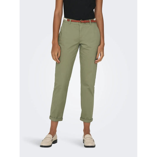 Pantaloni estivi dritti regular fit in cotone elasticizzato verde aloe con vita media, cintura e tasche anteriori, pantaloni casual chic primavera estate.