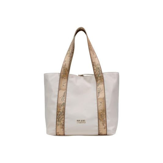 Borsa reversibile Alviero Martini Dual Bag; Nylon e tessuto soft Geo Classic. Maxi logo 1C oro chiaro, chiusura con laccetti, manici logati. Colore Sabbia. Shopping bag capiente e trasformabile per la stagione estiva. Vista frontale 