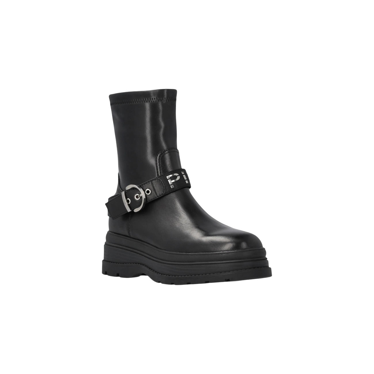 Stivaletti Pinko EVA 01 neri donna SD0605E007. Ankle boots in pelle nera con suola platform da 5 cm, cerniera zip laterale e cinturino con fibbia e logo metallico, scarpe invernali grintose da donna.