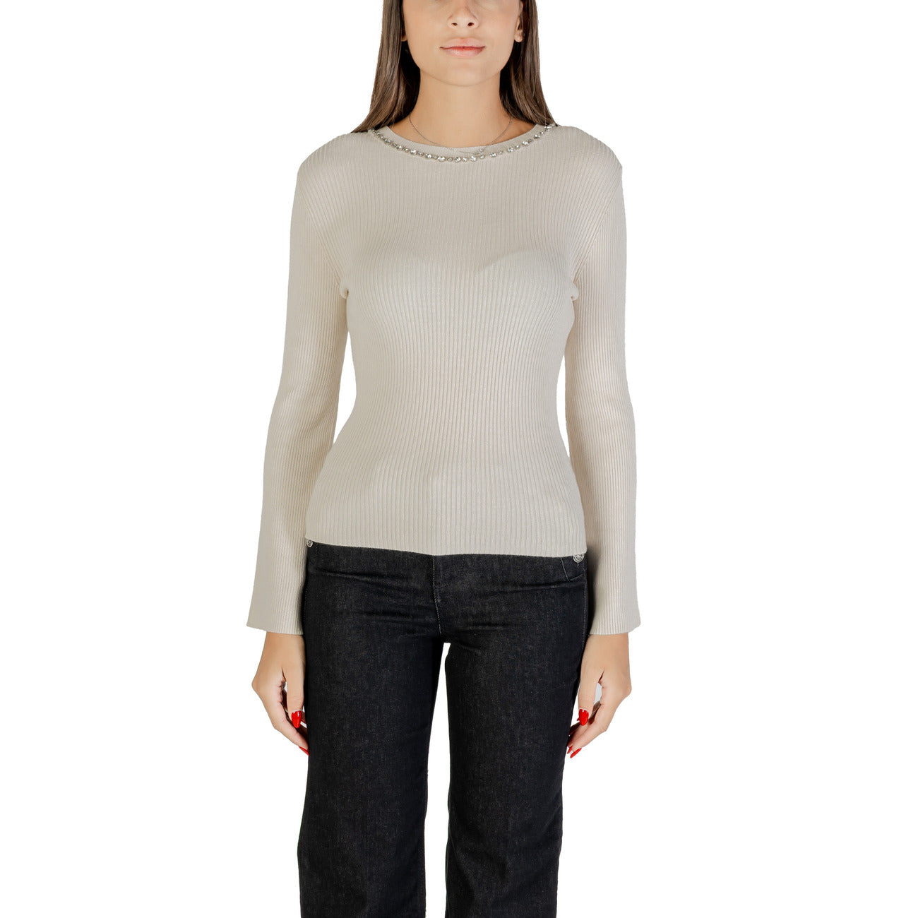 Only Maglia Donna Nera con Strass Maniche Lunghe Scollo Tondo - Maglia Viscosa Nylon