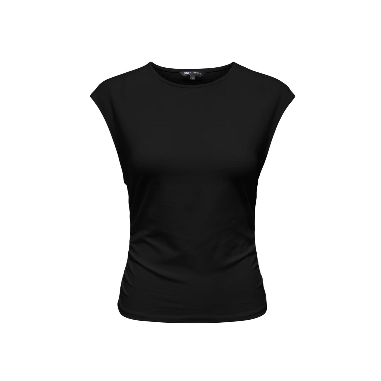 T-shirt Smanicata Nera Donna Only Onlmira Jersey; Tessuto 95% cotone e 5% elastam con spalline strutturate e girocollo. Dettaglio arricciato laterale, stile casual-elegante leggero. Frontale stesa 
