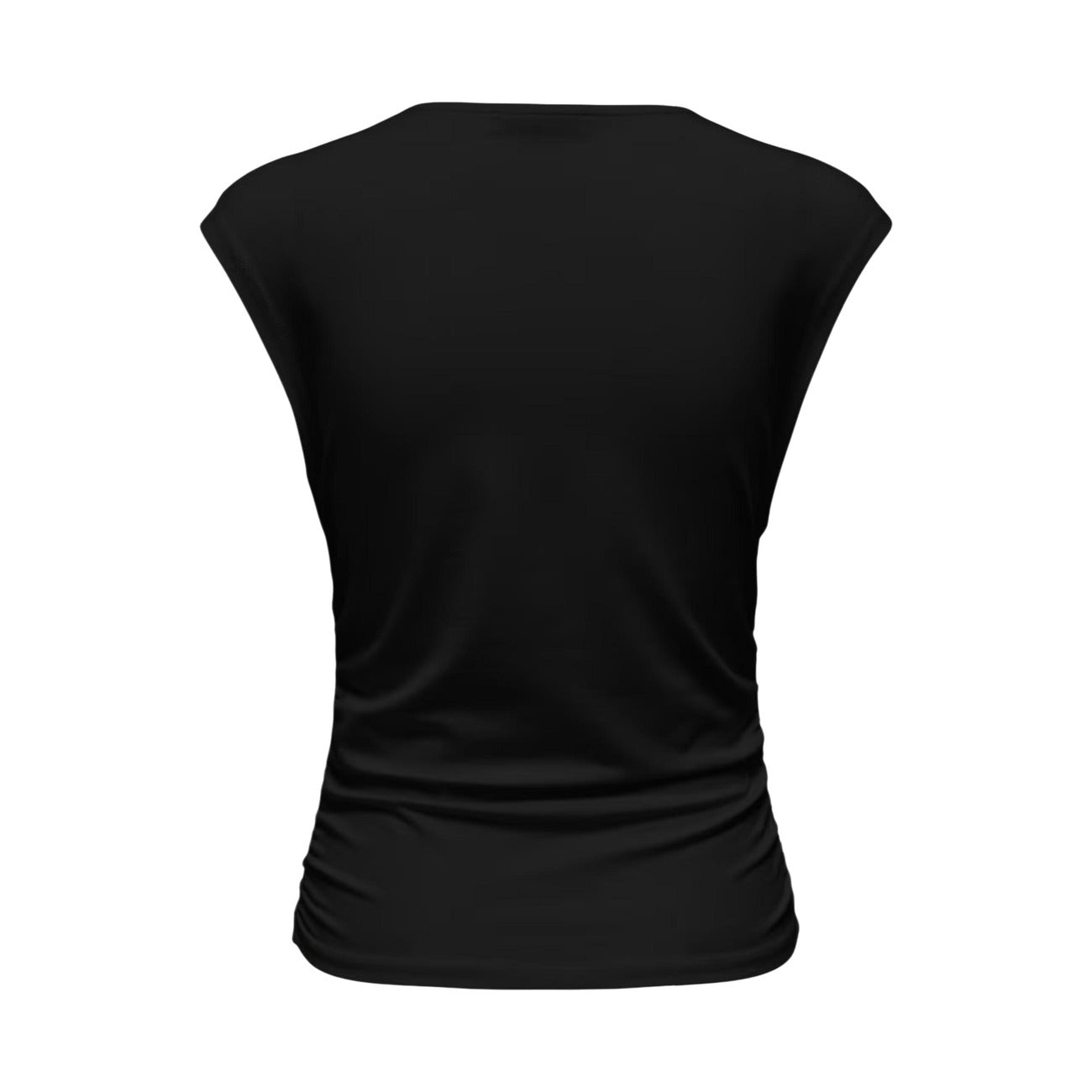 T-shirt Smanicata Nera Donna Only Onlmira Jersey; Tessuto 95% cotone e 5% elastam con spalline strutturate e girocollo. Dettaglio arricciato laterale, stile casual-elegante leggero. Vista stesa posteriore 