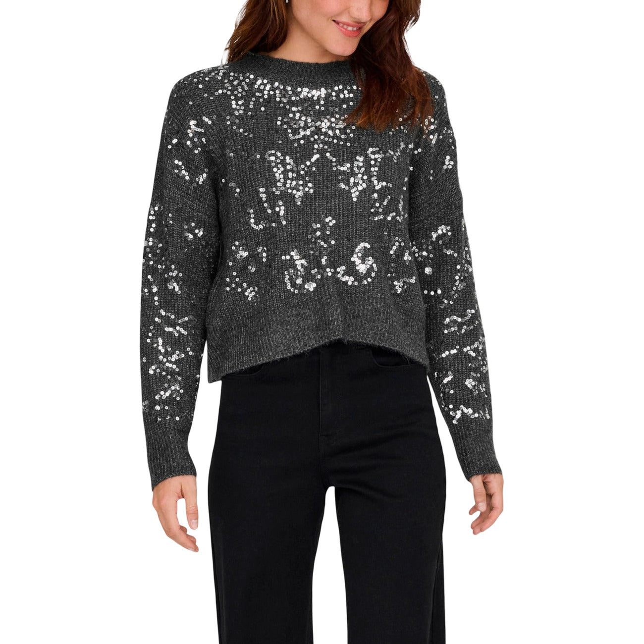 Only Maglia Donna Nera Maniche Lunghe con Paillettes - Maglia Acrilico Poliestere Elastan Scollo Tondo