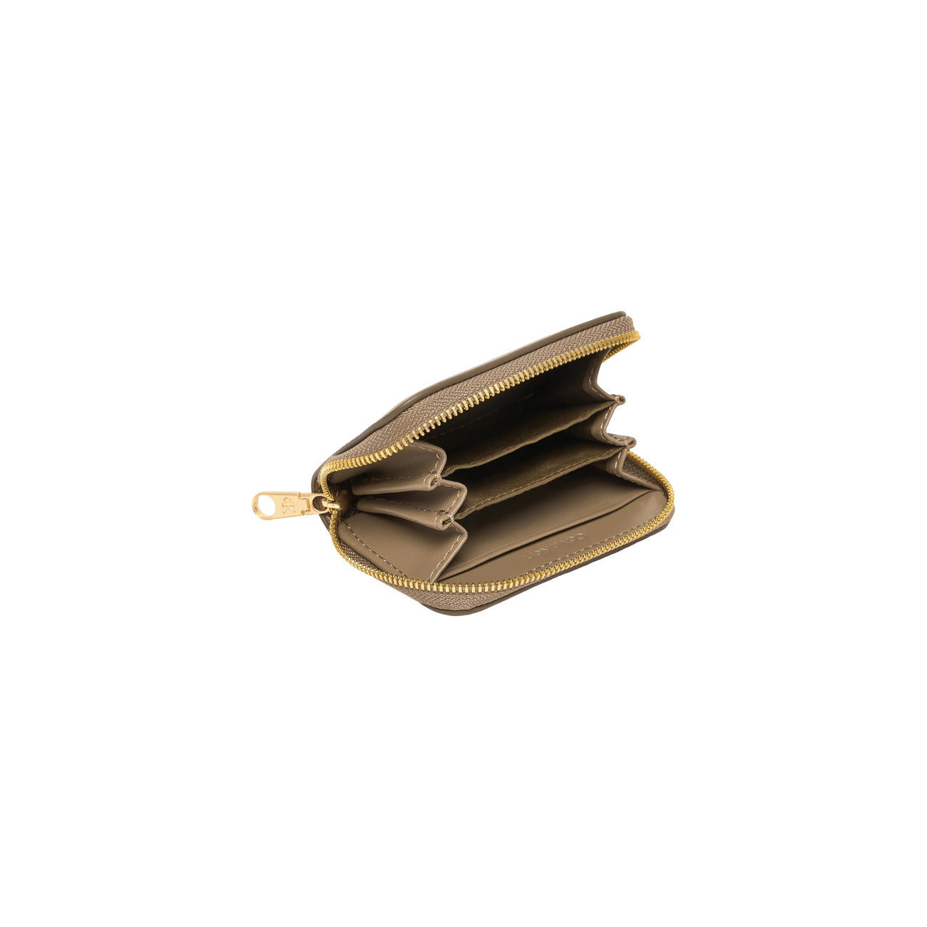 Portafoglio Mini Calvin Klein Bold; Beige. Chiusura zip-around dorata, logo CK in rilievo, scomparti interni multifunzione. Dimensioni micro (10x7 cm), stile minimal e raffinato 4 stagioni. Vista aperta 