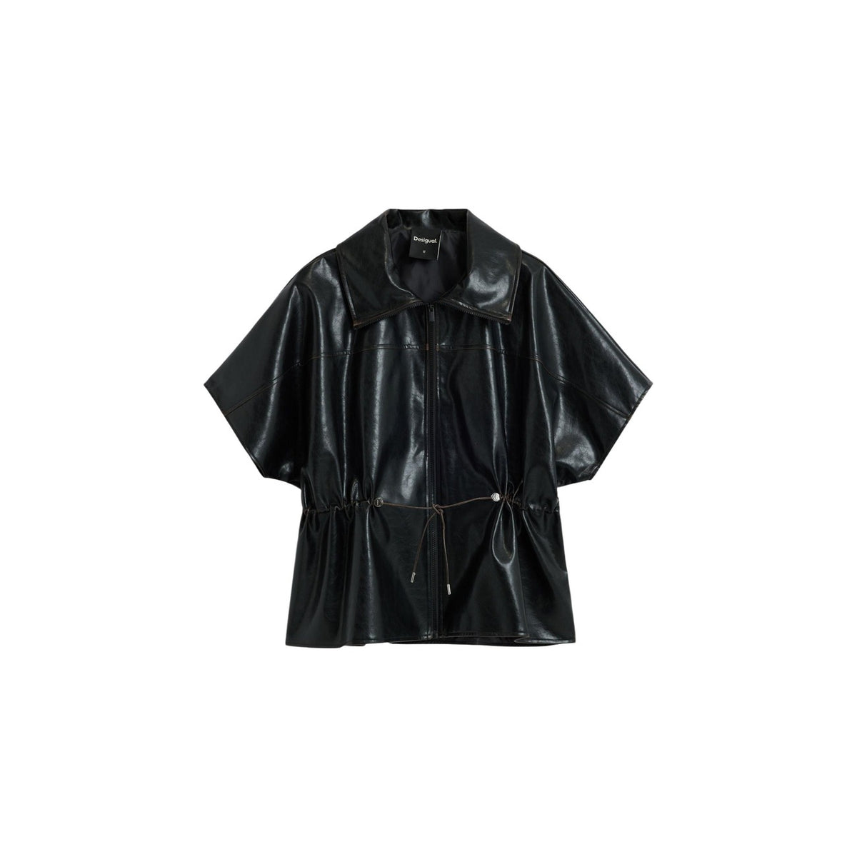 Giacca poncho nera donna Desigual effetto pelle – Poncho similpelle con colletto e coulisse Desigual 26WAIP022000U.