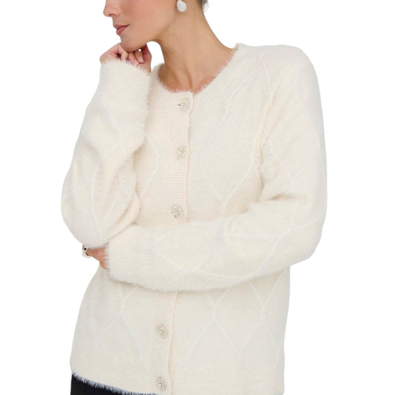 Jacqueline De Yong Cardigan Donna Bianco con Bottoni Maniche Lunghe Scollo Tondo - Cardigan Nylon Poliestere Viscosa