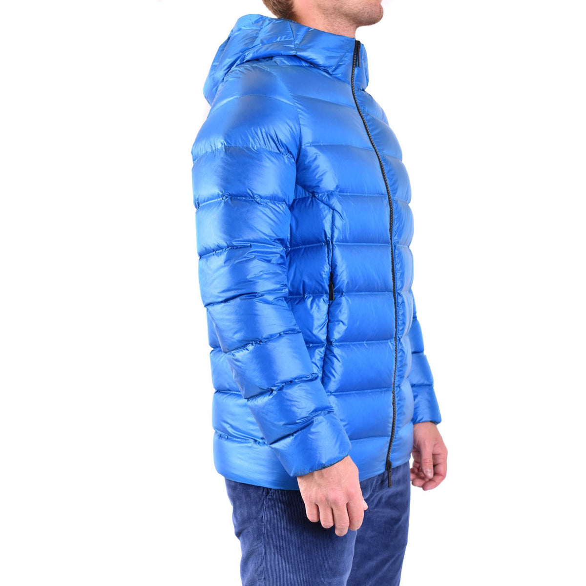 Giubbotto RRD Roberto Ricci Designs uomo blu royal V_30443. Giacca tecnica con cappuccio da uomo in tessuto elasticizzato e impermeabile, vestibilità slim fit con cerniera lampo e tasche anteriori, abbigliamento autunno inverno.