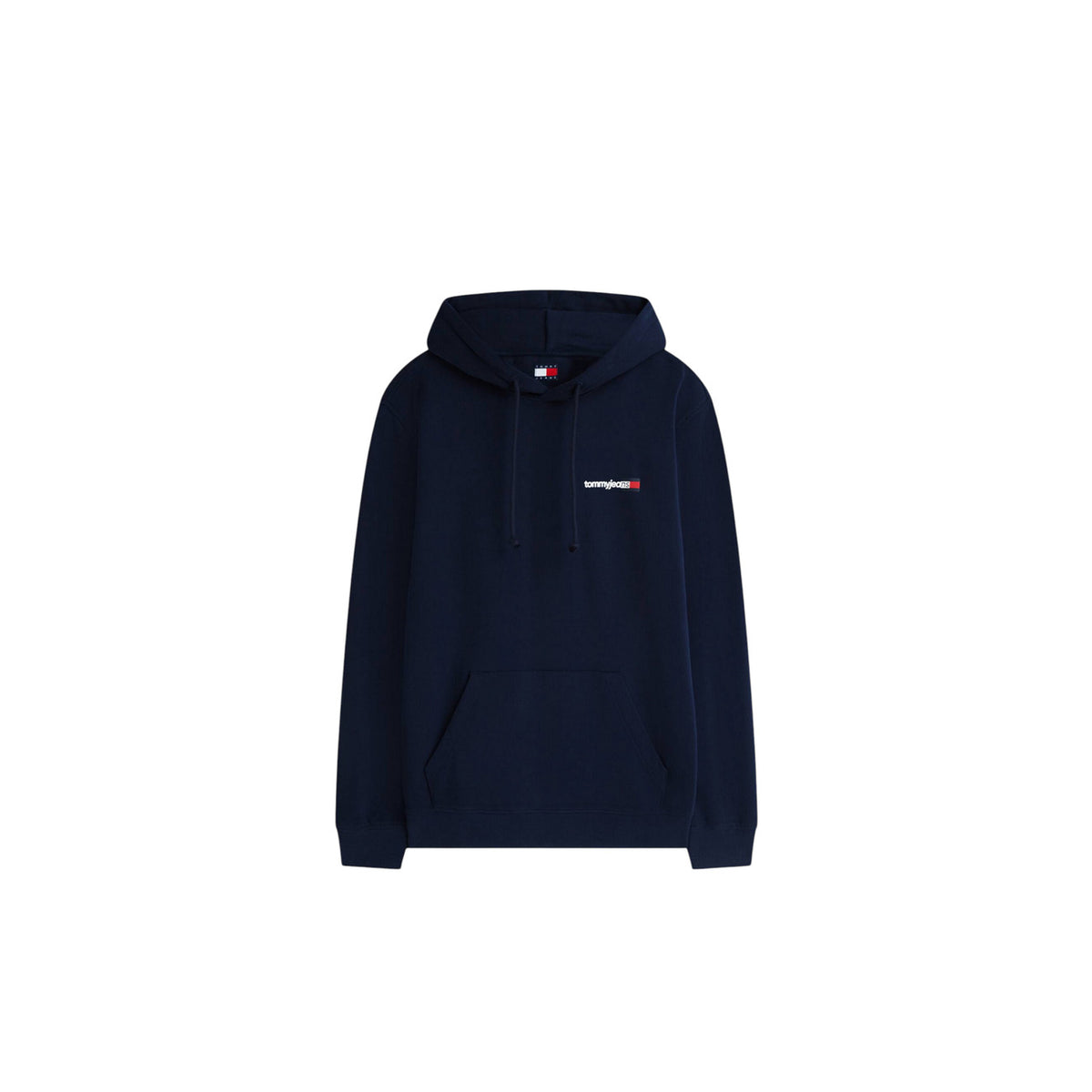 Felpa Tommy Hilfiger Jeans uomo blu con cappuccio DM0DM233393. Felpa sostenibile in cotone rigenerato con tasca a marsupio frontale, coulisse e logo Tommy Jeans sul petto, abbigliamento casual uomo mezza stagione.