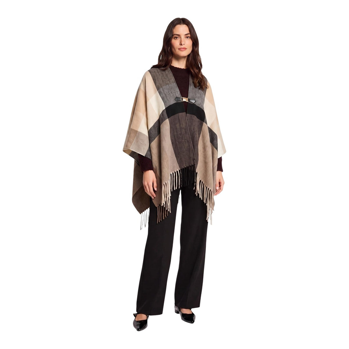 Poncho beige a quadri donna Morgan De Toi 261-5CLAC. Mantella corta smanicata con motivo geometrico tartan in poliestere e viscosa con scollo aperto e frange bohémien.