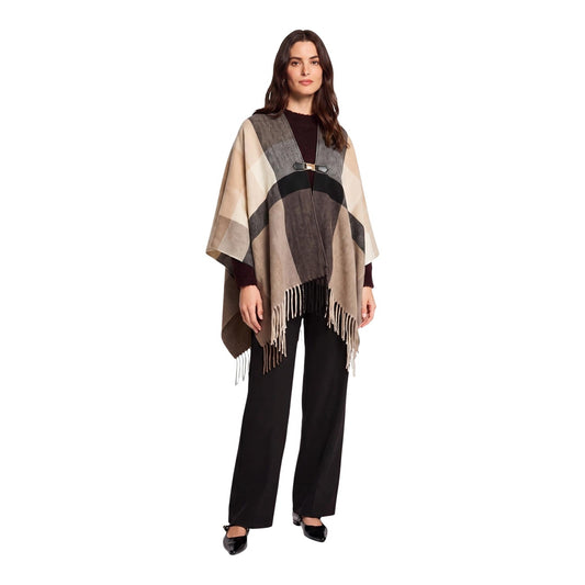 Poncho beige a quadri donna Morgan De Toi 261-5CLAC. Mantella corta smanicata con motivo geometrico tartan in poliestere e viscosa con scollo aperto e frange bohémien.