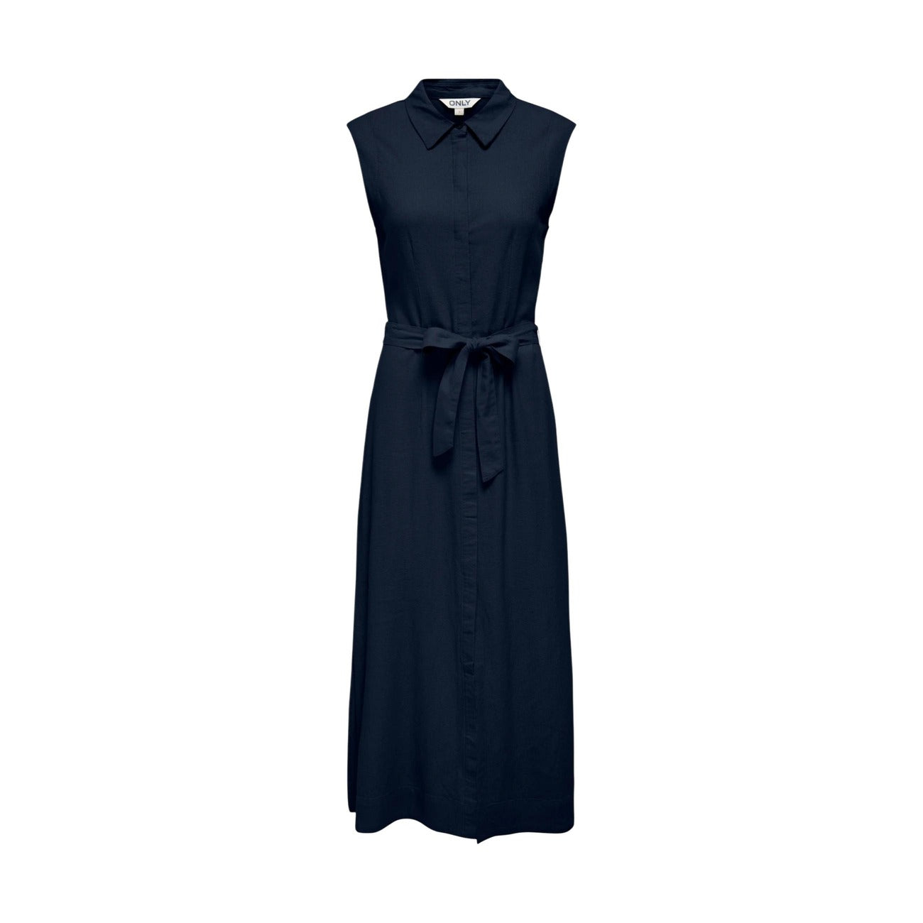 Vestito Chemisier ONLGOA; misto lino/viscosa, senza maniche, cintura inclusa. L'abito midi versatile per uno stile naturale e impeccabile. Colore blu scuro Vista frontale stesa 