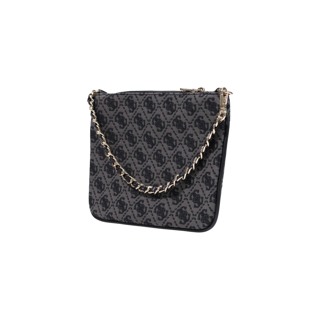 Pochette Guess grigia logo Flat Pouch PW7561 P6274. Borsa a mano e a spalla piccola grigia con motivo logo Guess all-over, placchetta a triangolo e tracolla a catena, borsa da sera e casual chic 4 stagioni.