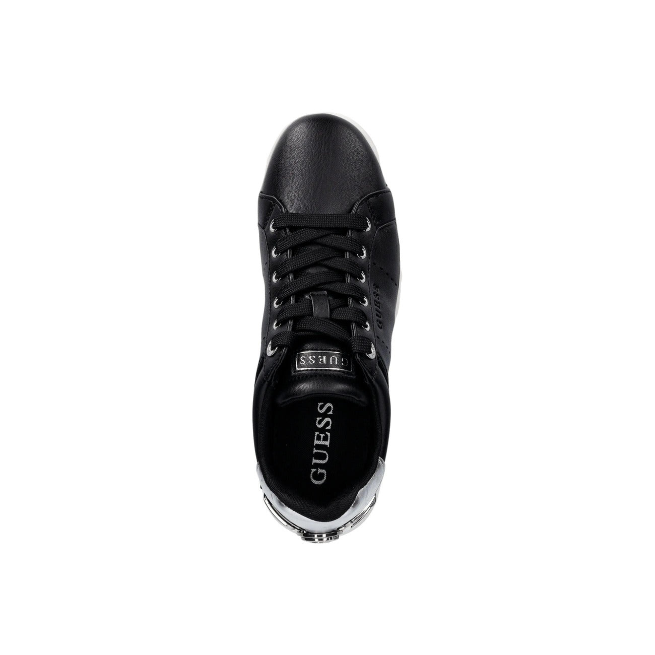 Sneakers Guess Wesli; Nero, 100% Poliuretano. Suola platform 4 cm, logo in rilievo, dettaglio fibbia metallica. Calzata confortevole, stile 4 stagioni. Vista dall’alto 