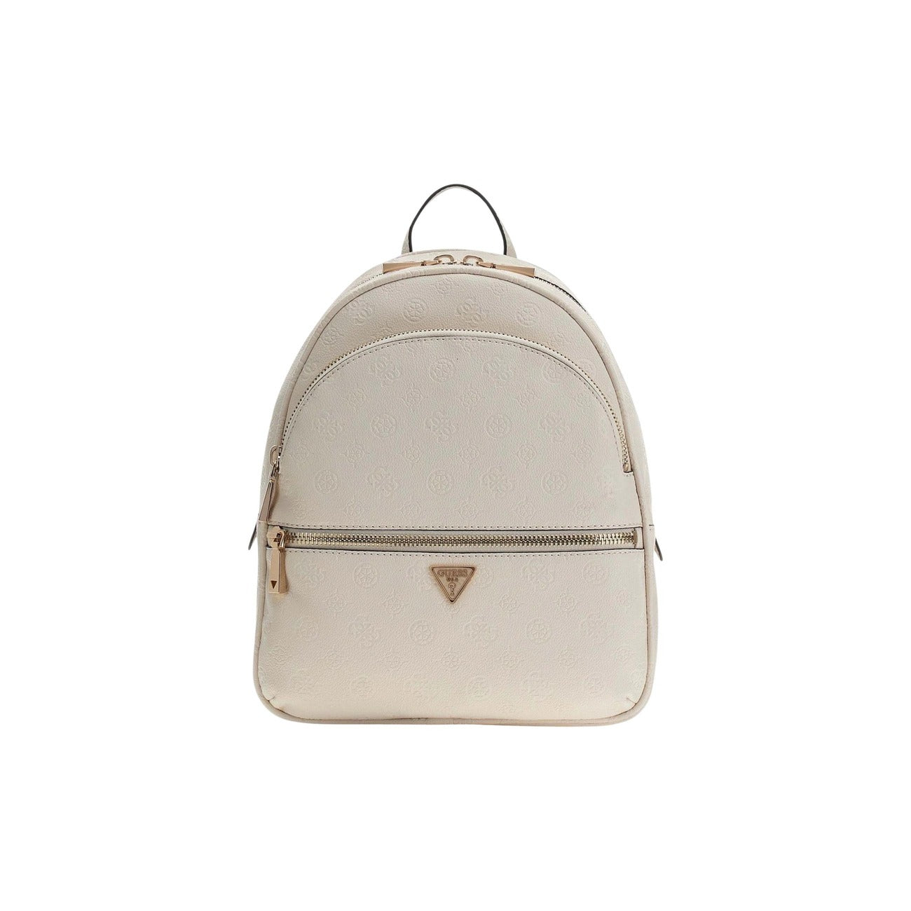 Guess Manhattan II Large Backpack HWPD71, zaino beige con motivo monogramma in rilievo e dettagli hardware silver/gold; interni spaziosi, doppia chiusura a zip e spallacci imbottiti, stile iconico e funzionale. Vista frontale 