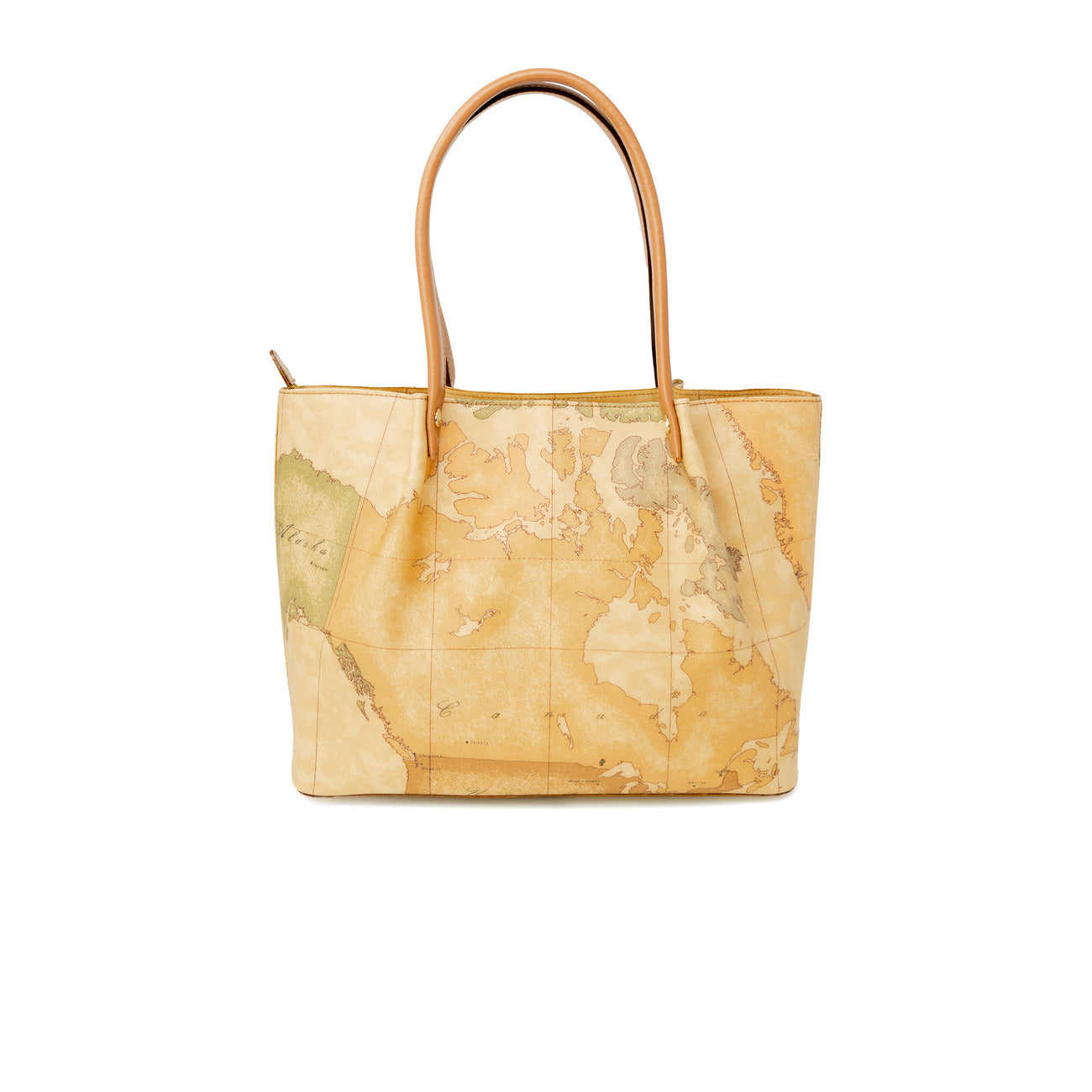 Borsa Shopper Maxi Donna Alviero Martini Prima Classe; Beige Geo Classic. 40% Pregiata pelle, chiusura superiore con zip, doppi manici a spalla e scritta logo in metallo. Profilo sottile e scomparto extra-large (45x40 cm), stile Heritage. Vista posteriore 