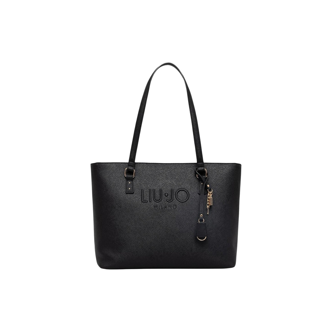 Liu Jo Tote Large ECS; borsa nera a spalla capiente in similpelle, design versatile con dettagli metallici e logo distintivo, perfetta per contenere tutto il necessario quotidiano. Vista frontale 