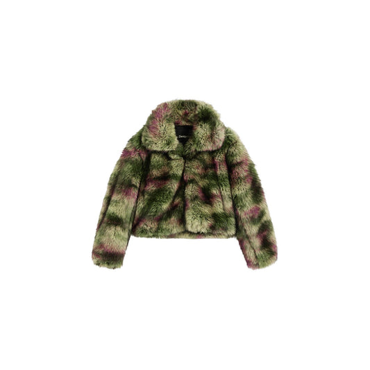 Cappotto ecopelliccia Desigual Christian Lacroix verde e viola. Giacca pelliccia sintetica donna effetto pelo lungo, cappotto autunno inverno morbido con collo a camicia e stampa astratta verde viola FAKE FUR_CAMOMILLE_LA.