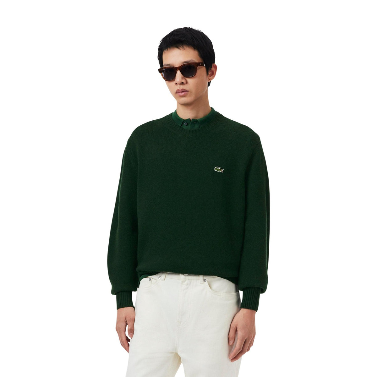 Maglione lana trecce uomo Lacoste AH2924-00. Pullover invernale pesante in lana girocollo blu e verde con bordi a coste e logo coccodrillo Lacoste.