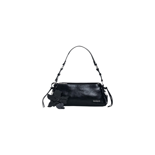Borsa Desigual donna nera modello BAG_NEXUS BENIN. Borsa a spalla piccola stile baguette in ecopelle nera a tinta unita con manico corto regolabile con fibbie in metallo e chiusura a zip, borsa casual e di tendenza per il giorno e la sera.