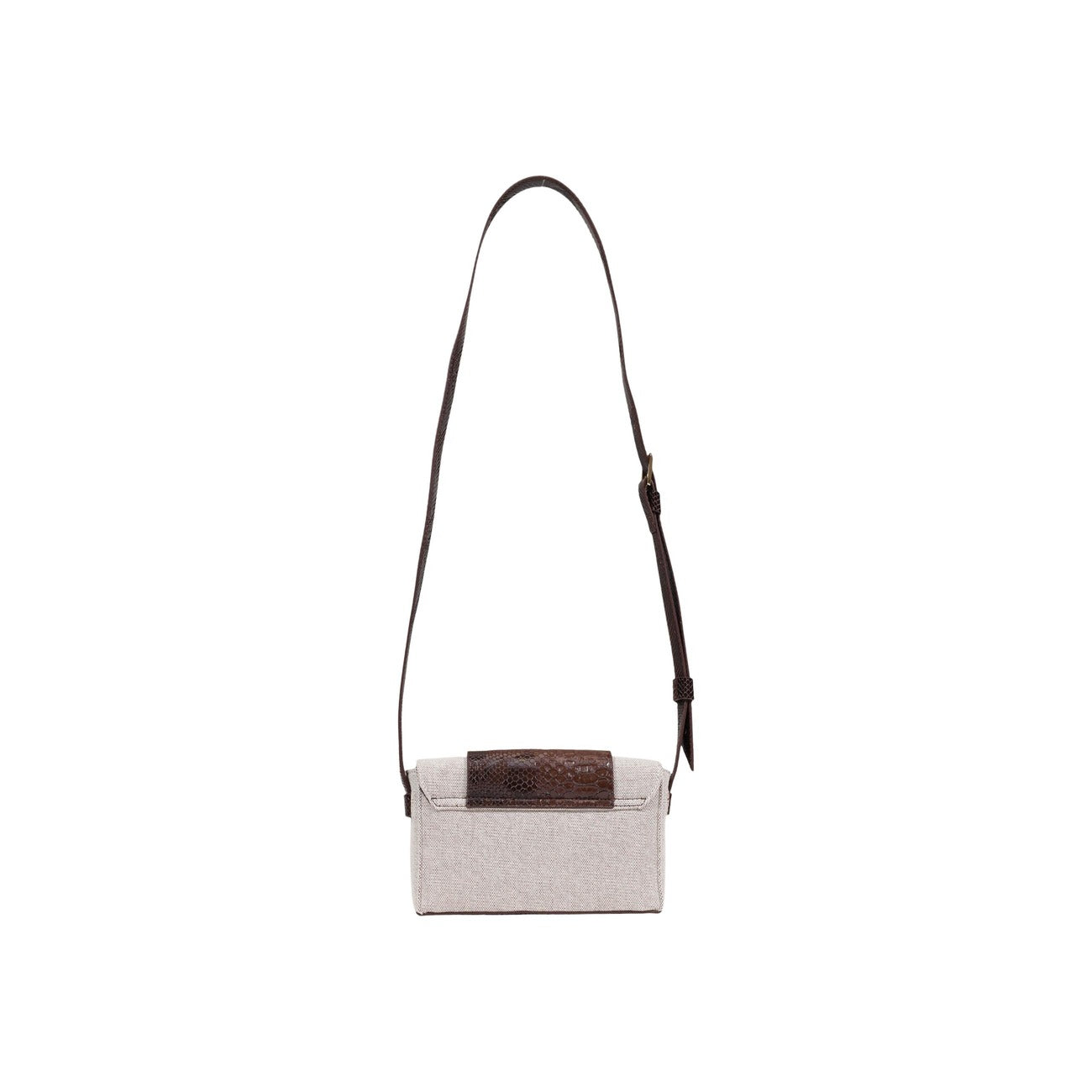 Borsa Replay FW3810; 65% cotone, 35% poliestere. Inserto effetto pitone, chiusura dorata con ciondolo, tracolla regolabile. Mini bag strutturata, elegante e resistente. Vista posteriore 