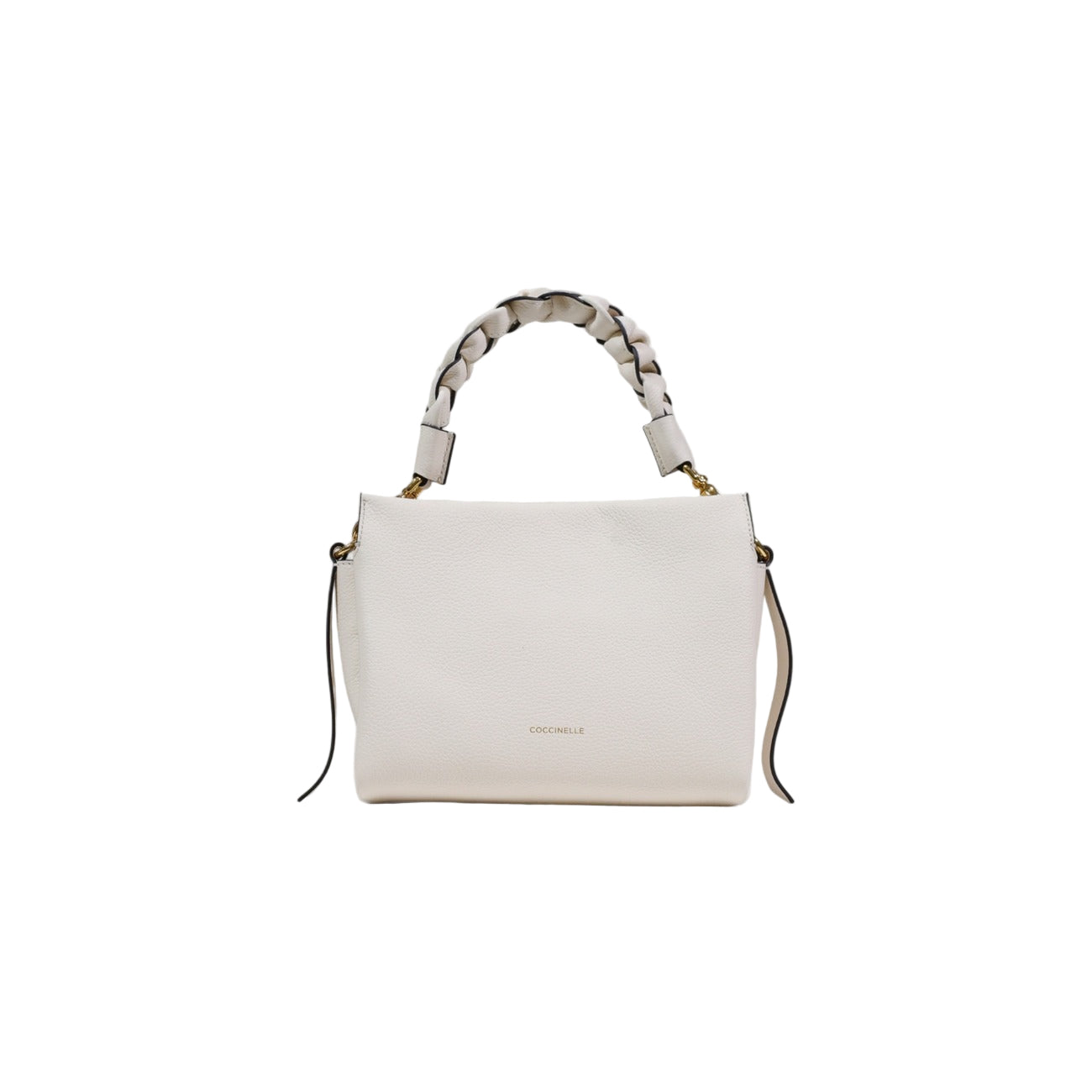 Coccinelle Boheme Grana Double; borsa bianca media in pelle, manico intrecciato, tracolla removibile. Qualità artigianale italiana e design funzionale. Vista frontale 