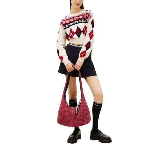 Tommy Hilfiger Jeans Maglia Donna Beige Geometrica Maniche Lunghe Scollo Tondo Lana 100% Primavera Estate DW0DW22498